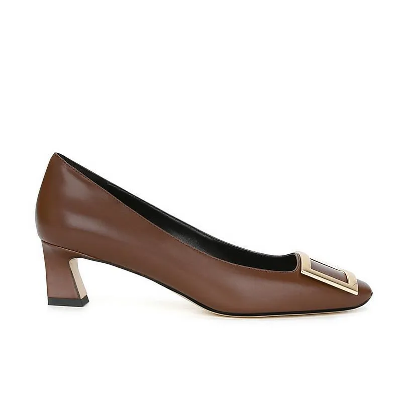 Women's Classic Square Buckle High Heels - Summer Thick Heel Flats, Small Square Toe Work Shoes for Ladies thumbnail 8