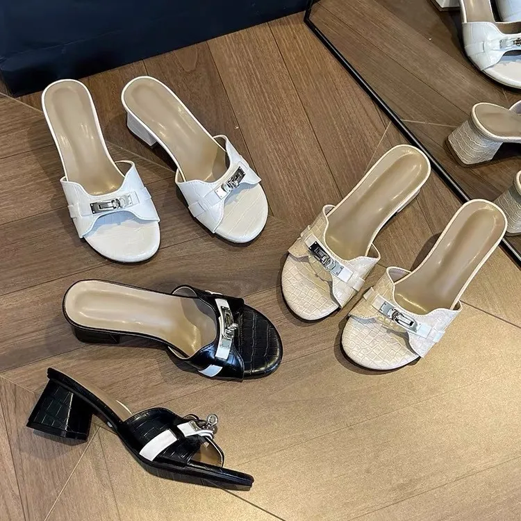Women's Crocodile Pattern High Heel Sandals - Korean Style Open Toe Thick Heel Sandals with Gold Buckle - White Summer Fashion thumbnail 1