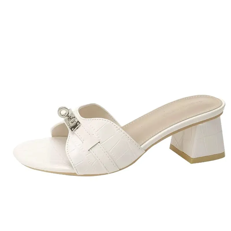 Women's Crocodile Pattern High Heel Sandals - Korean Style Open Toe Thick Heel Sandals with Gold Buckle - White Summer Fashion thumbnail 5