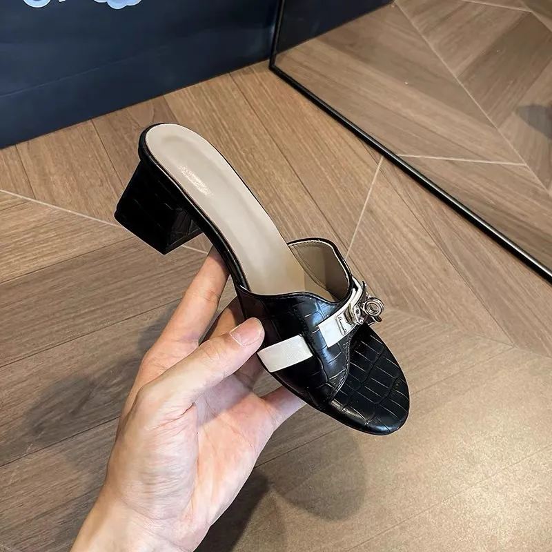 Women's Crocodile Pattern High Heel Sandals - Korean Style Open Toe Thick Heel Sandals with Gold Buckle - White Summer Fashion thumbnail 3