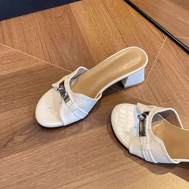 Women's Crocodile Pattern High Heel Sandals - Korean Style Open Toe Thick Heel Sandals with Gold Buckle - White Summer Fashion thumbnail 2