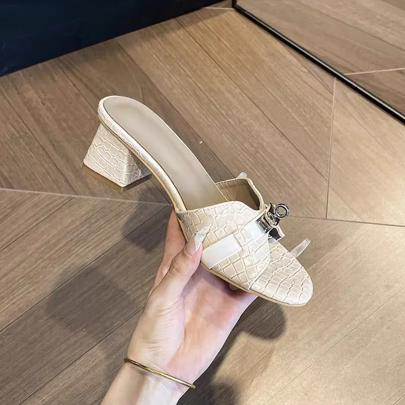 Women's Crocodile Pattern High Heel Sandals - Korean Style Open Toe Thick Heel Sandals with Gold Buckle - White Summer Fashion thumbnail 4