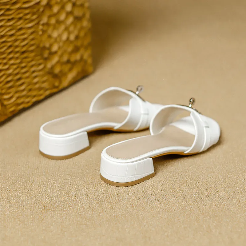 Women's Crocodile Pattern High Heel Sandals - Korean Style Open Toe Thick Heel Sandals with Gold Buckle - White Summer Fashion thumbnail 10