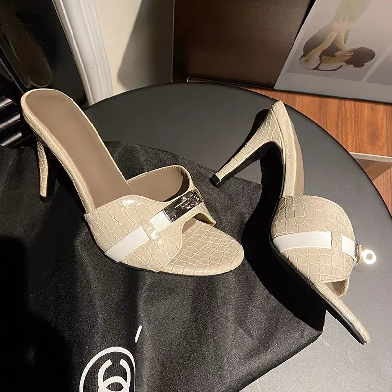 Women's Crocodile Pattern High Heel Sandals - Korean Style Open Toe Thick Heel Sandals with Gold Buckle - White Summer Fashion thumbnail 8