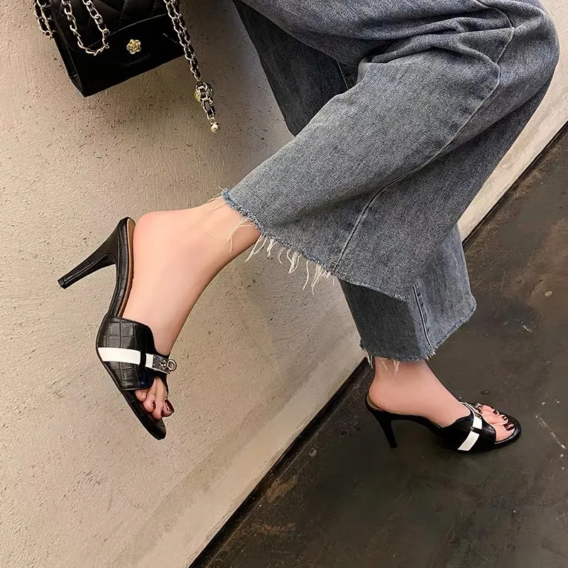 Women's Crocodile Pattern High Heel Sandals - Korean Style Open Toe Thick Heel Sandals with Gold Buckle - White Summer Fashion thumbnail 7