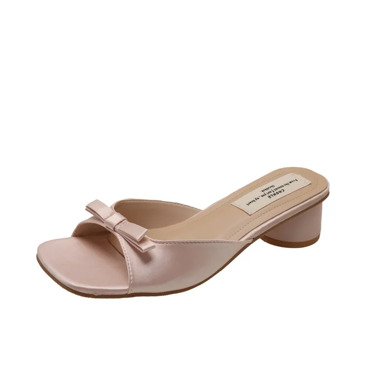 Women's Summer Pink Bow High Heel Slippers - French Style Square Toe Sandals - Comfortable Outdoor Fashion 2025 thumbnail 5