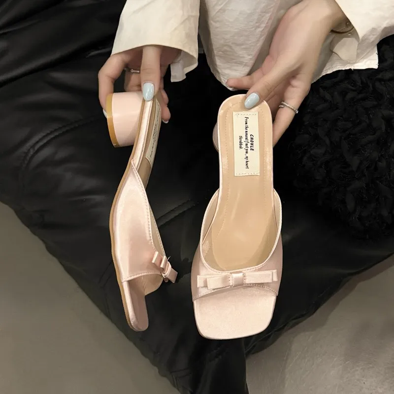 Women's Summer Pink Bow High Heel Slippers - French Style Square Toe Sandals - Comfortable Outdoor Fashion 2025 thumbnail 3