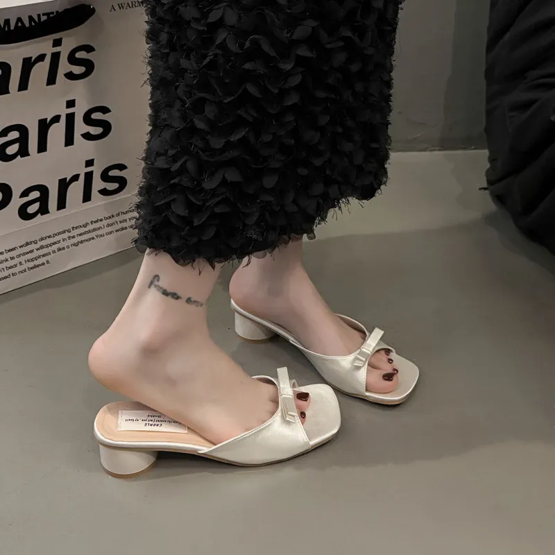Women's Summer Pink Bow High Heel Slippers - French Style Square Toe Sandals - Comfortable Outdoor Fashion 2025 showcase 4