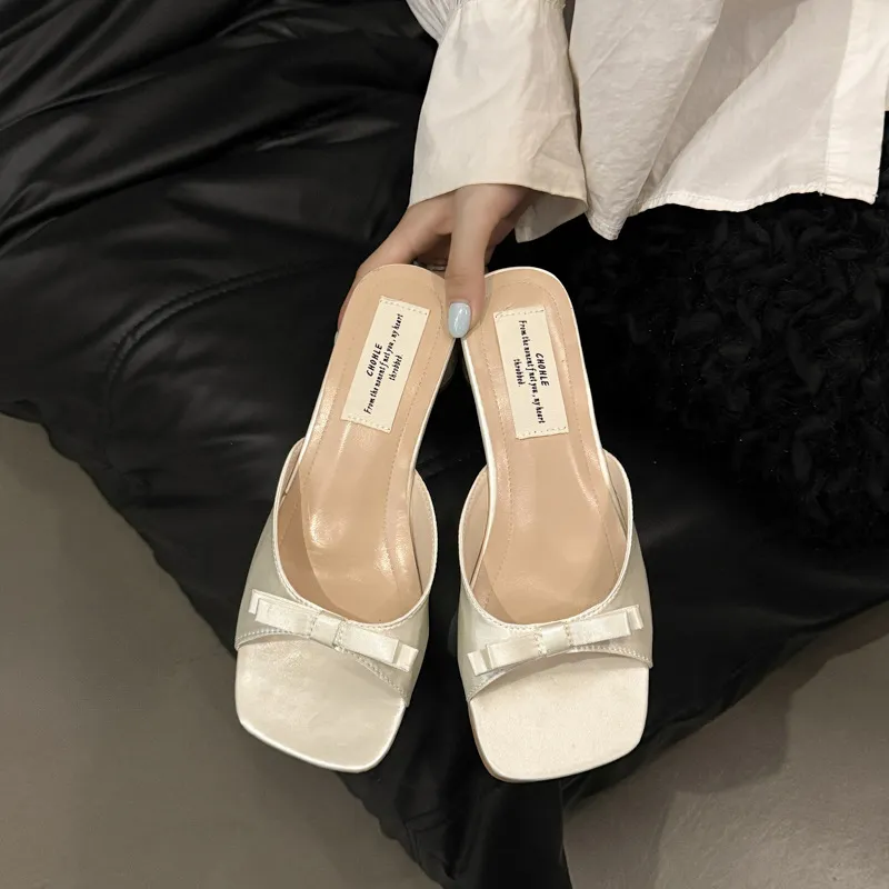 Women's Summer Pink Bow High Heel Slippers - French Style Square Toe Sandals - Comfortable Outdoor Fashion 2025 showcase 1