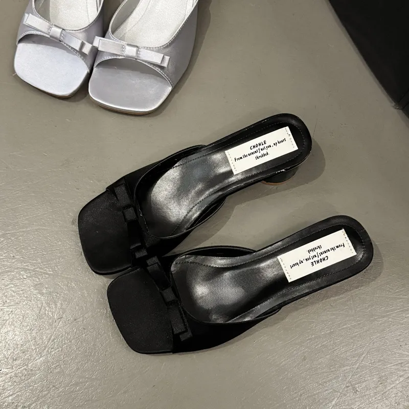Women's Summer Pink Bow High Heel Slippers - French Style Square Toe Sandals - Comfortable Outdoor Fashion 2025 showcase 12