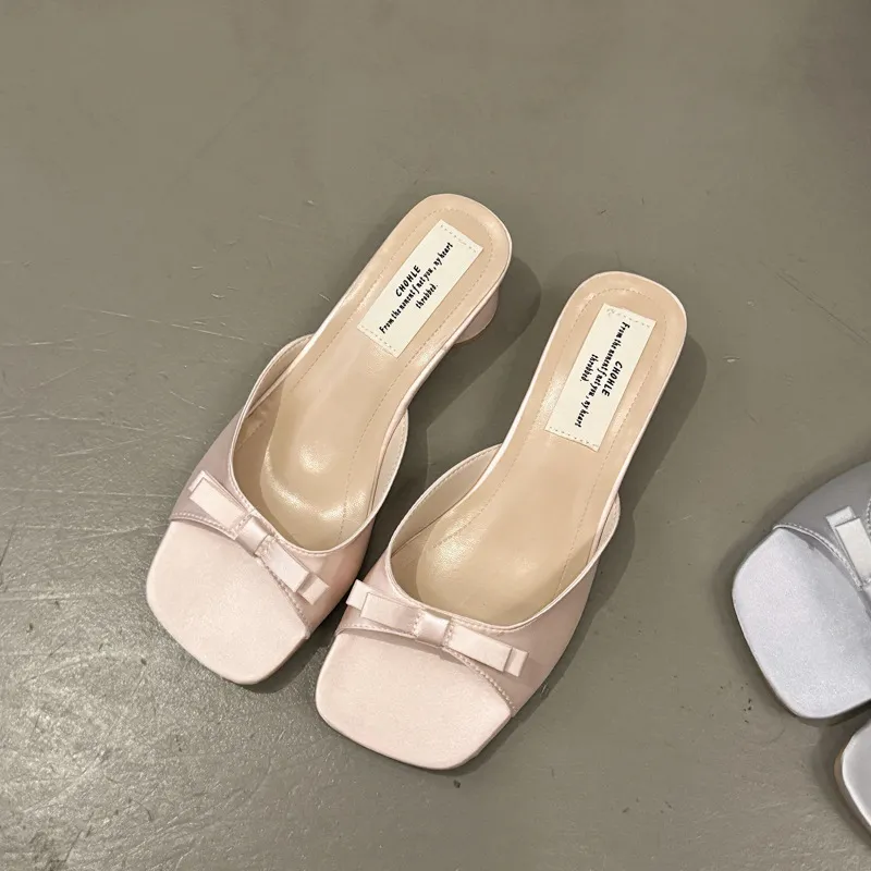 Women's Summer Pink Bow High Heel Slippers - French Style Square Toe Sandals - Comfortable Outdoor Fashion 2025 showcase 10