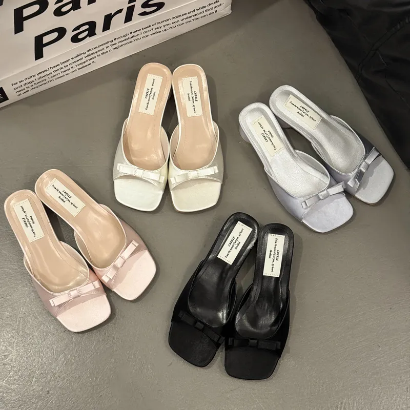 Women's Summer Pink Bow High Heel Slippers - French Style Square Toe Sandals - Comfortable Outdoor Fashion 2025 thumbnail 4