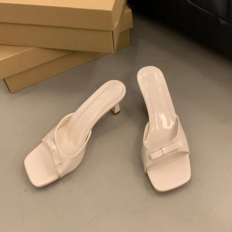 Women's High Heel Slippers - French Style Stiletto Heel Slip-Ons with Bow - 2025 Summer Fashion Square Toe Sandals for Women thumbnail 9