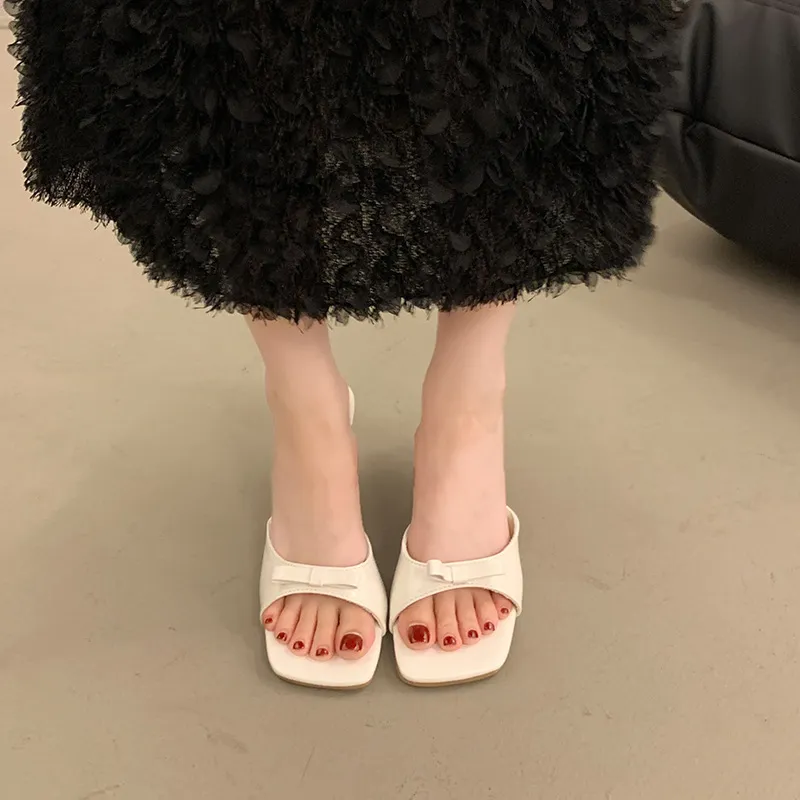Women's High Heel Slippers - French Style Stiletto Heel Slip-Ons with Bow - 2025 Summer Fashion Square Toe Sandals for Women thumbnail 7