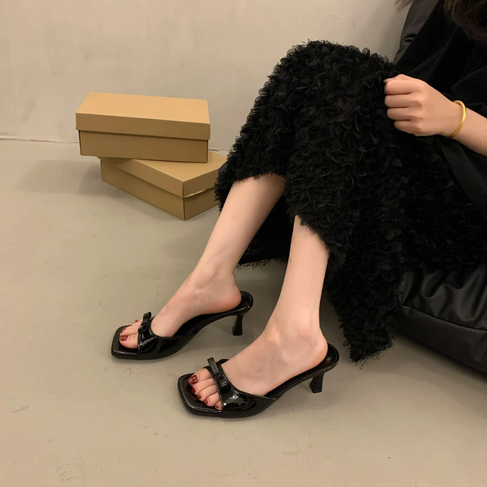 Women's High Heel Slippers - French Style Stiletto Heel Slip-Ons with Bow - 2025 Summer Fashion Square Toe Sandals for Women thumbnail 2