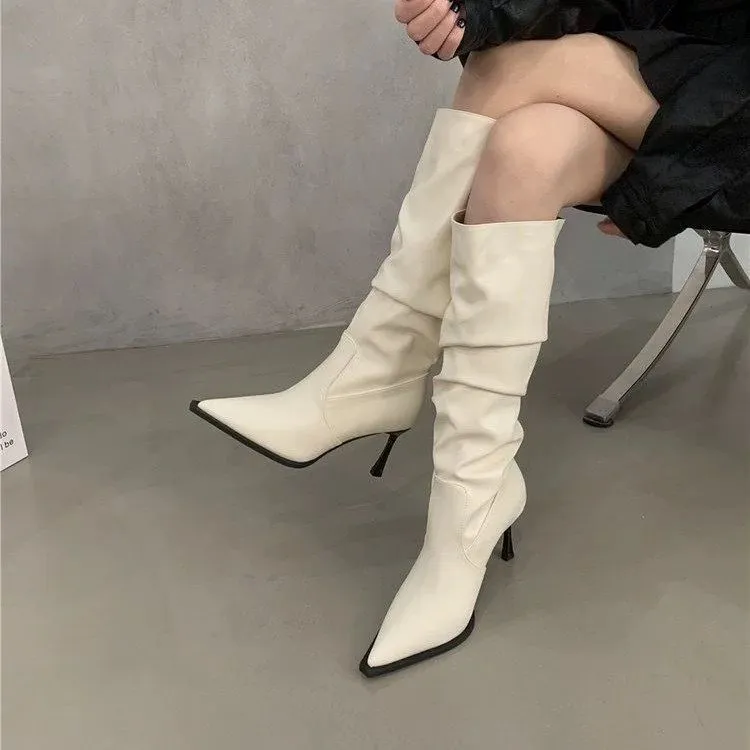 Women's Pointed Toe High Heel Leather Boots - European American Fashion Long Boots for 2025 - Stylish Slender Heel Boots thumbnail 7