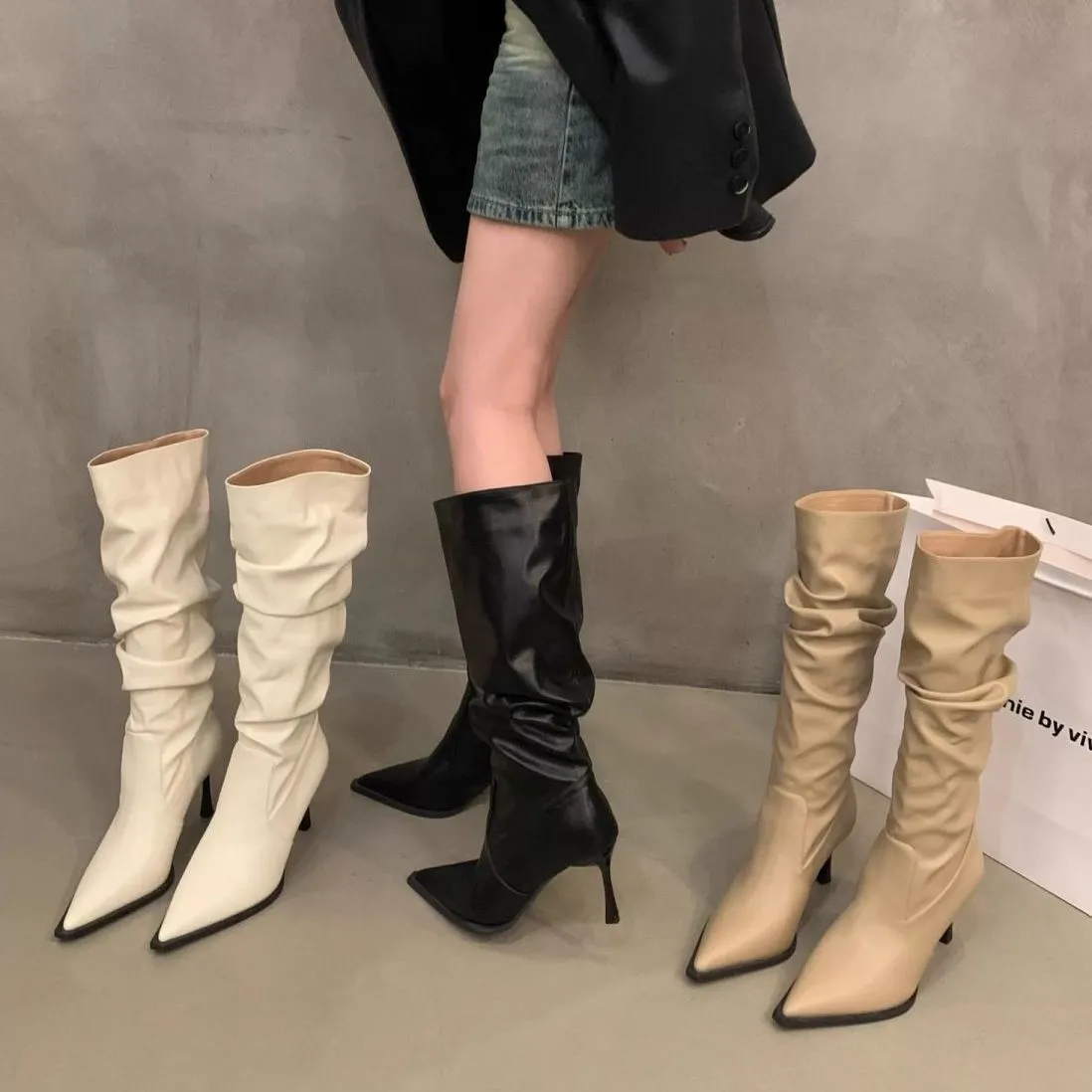 Women's Pointed Toe High Heel Leather Boots - European American Fashion Long Boots for 2025 - Stylish Slender Heel Boots showcase 1
