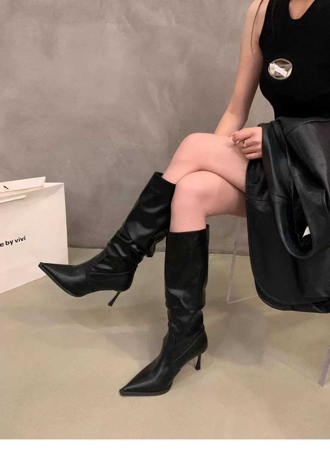 Women's Pointed Toe High Heel Leather Boots - European American Fashion Long Boots for 2025 - Stylish Slender Heel Boots showcase 6