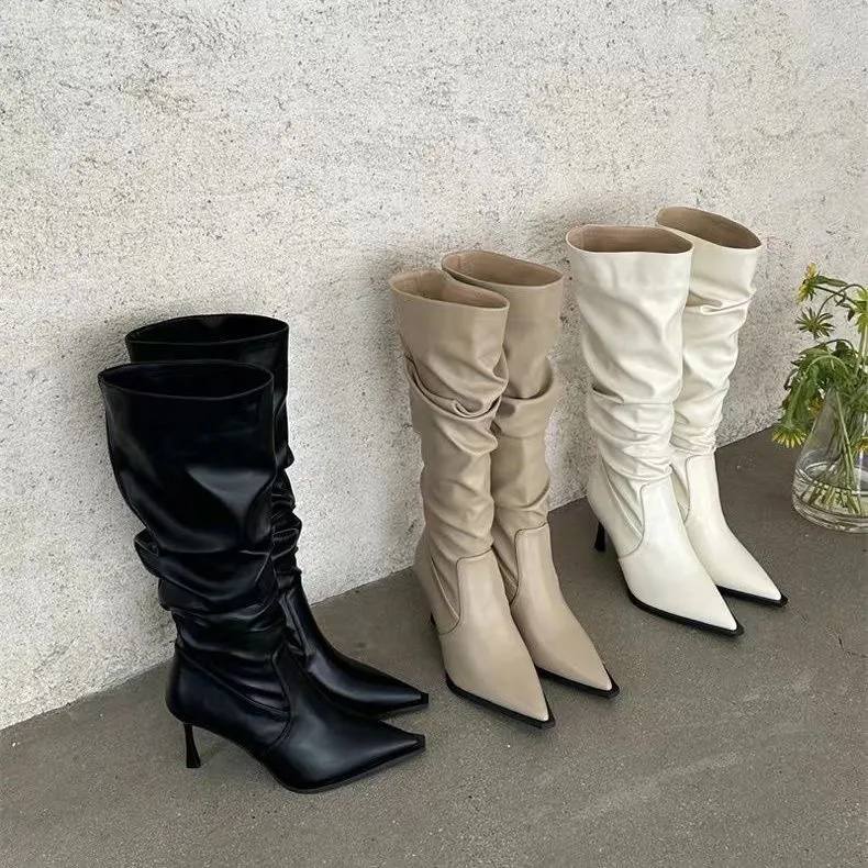 Women's Pointed Toe High Heel Leather Boots - European American Fashion Long Boots for 2025 - Stylish Slender Heel Boots thumbnail 1