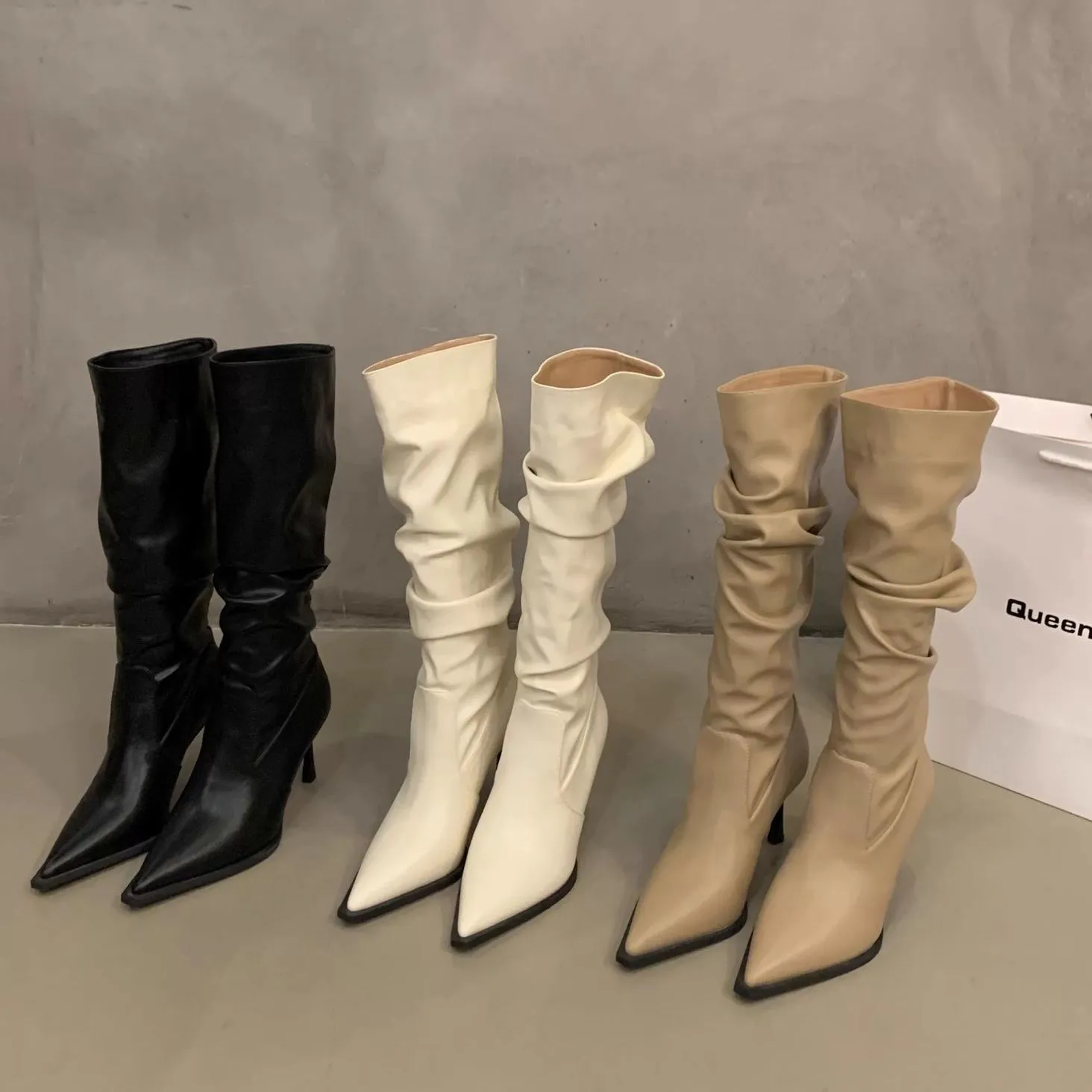 Women's Pointed Toe High Heel Leather Boots - European American Fashion Long Boots for 2025 - Stylish Slender Heel Boots thumbnail 4