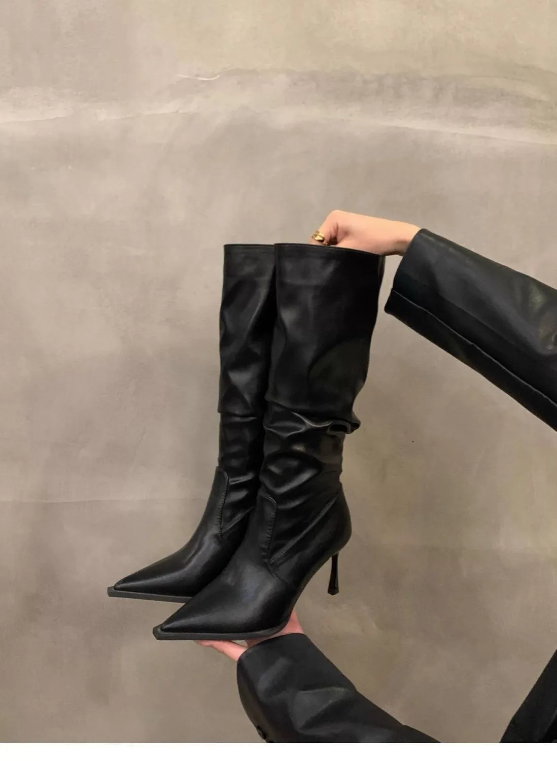Women's Pointed Toe High Heel Leather Boots - European American Fashion Long Boots for 2025 - Stylish Slender Heel Boots showcase 8