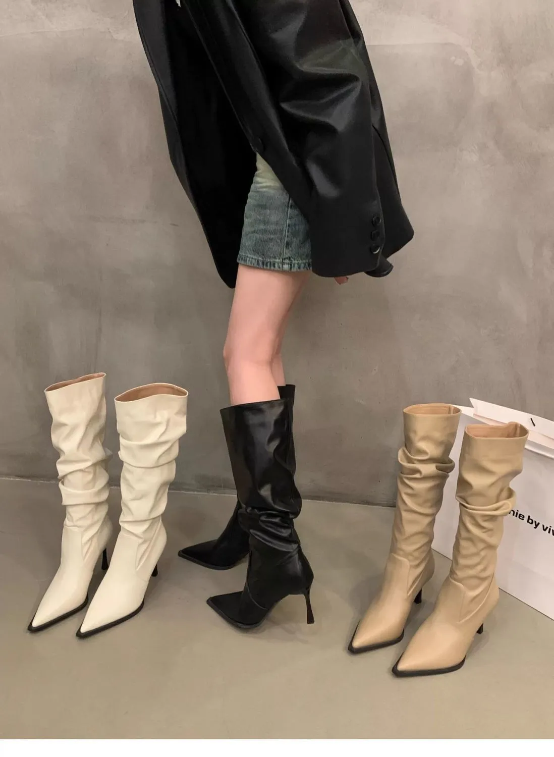 Women's Pointed Toe High Heel Leather Boots - European American Fashion Long Boots for 2025 - Stylish Slender Heel Boots showcase 2