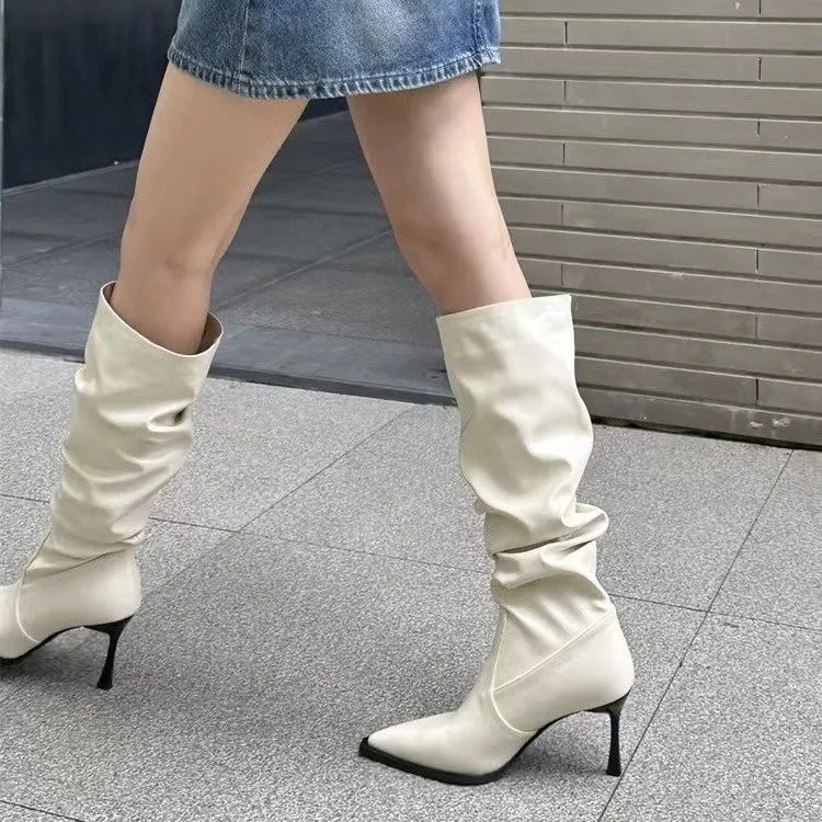 Women's Pointed Toe High Heel Leather Boots - European American Fashion Long Boots for 2025 - Stylish Slender Heel Boots thumbnail 2