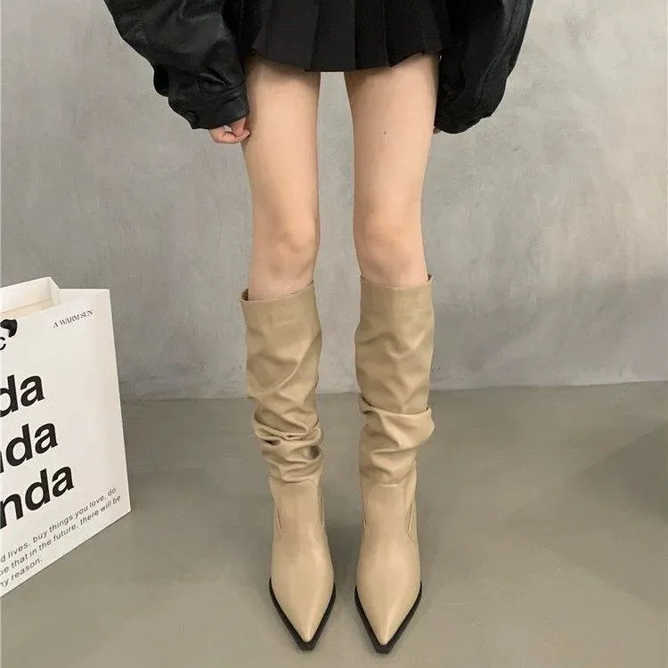 Women's Pointed Toe High Heel Leather Boots - European American Fashion Long Boots for 2025 - Stylish Slender Heel Boots thumbnail 6