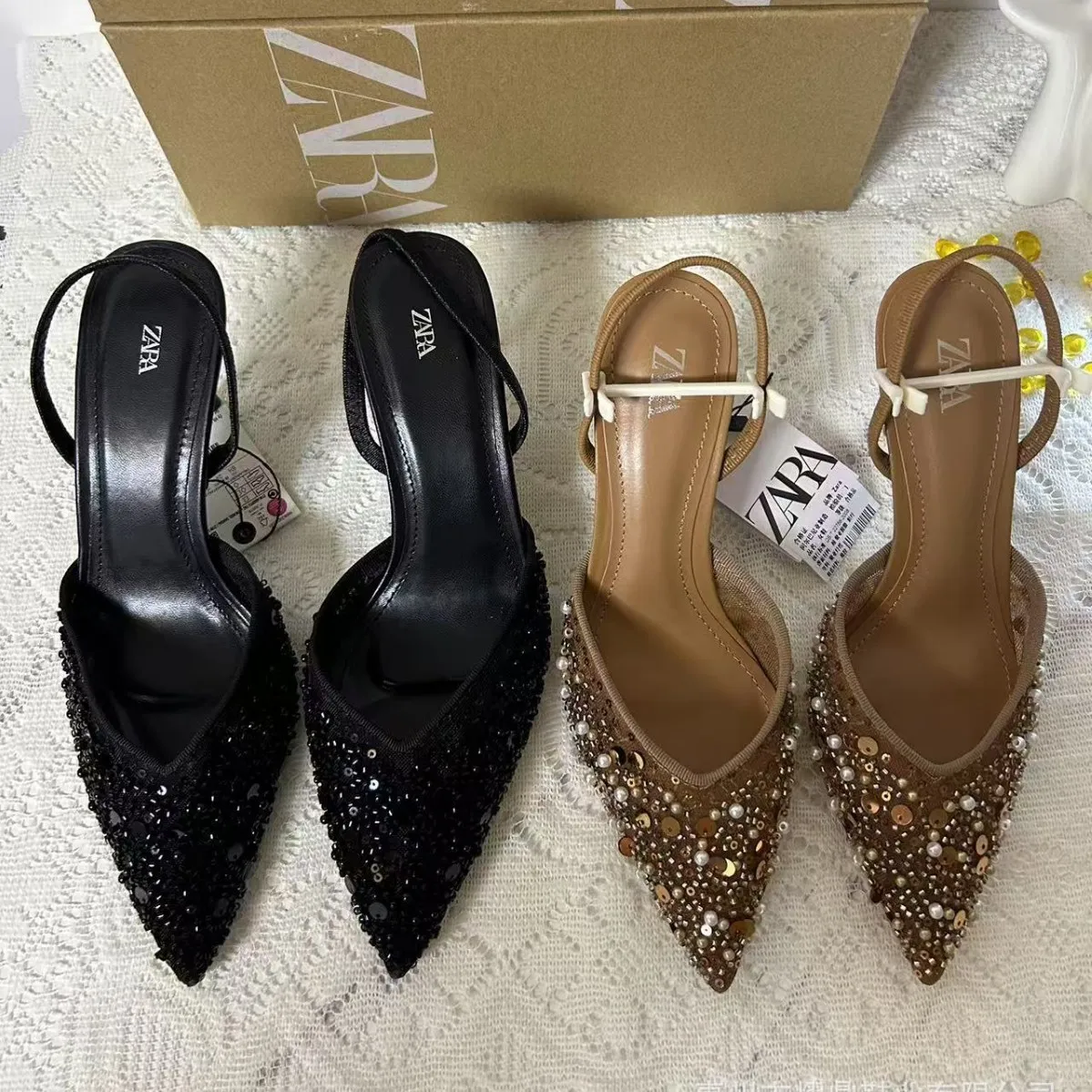 Women's Beaded High Heel Sandals - Spring Fashion Stiletto Mules with Pointed Toe and Mesh Open Heel - Elegant Apricot Color thumbnail 1