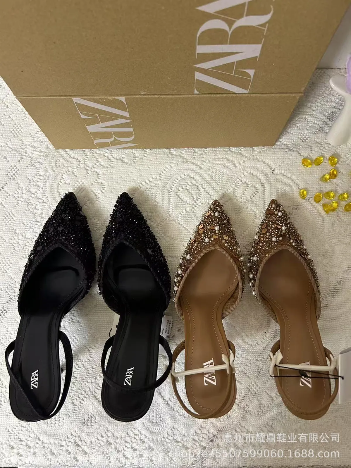 Women's Beaded High Heel Sandals - Spring Fashion Stiletto Mules with Pointed Toe and Mesh Open Heel - Elegant Apricot Color showcase 6