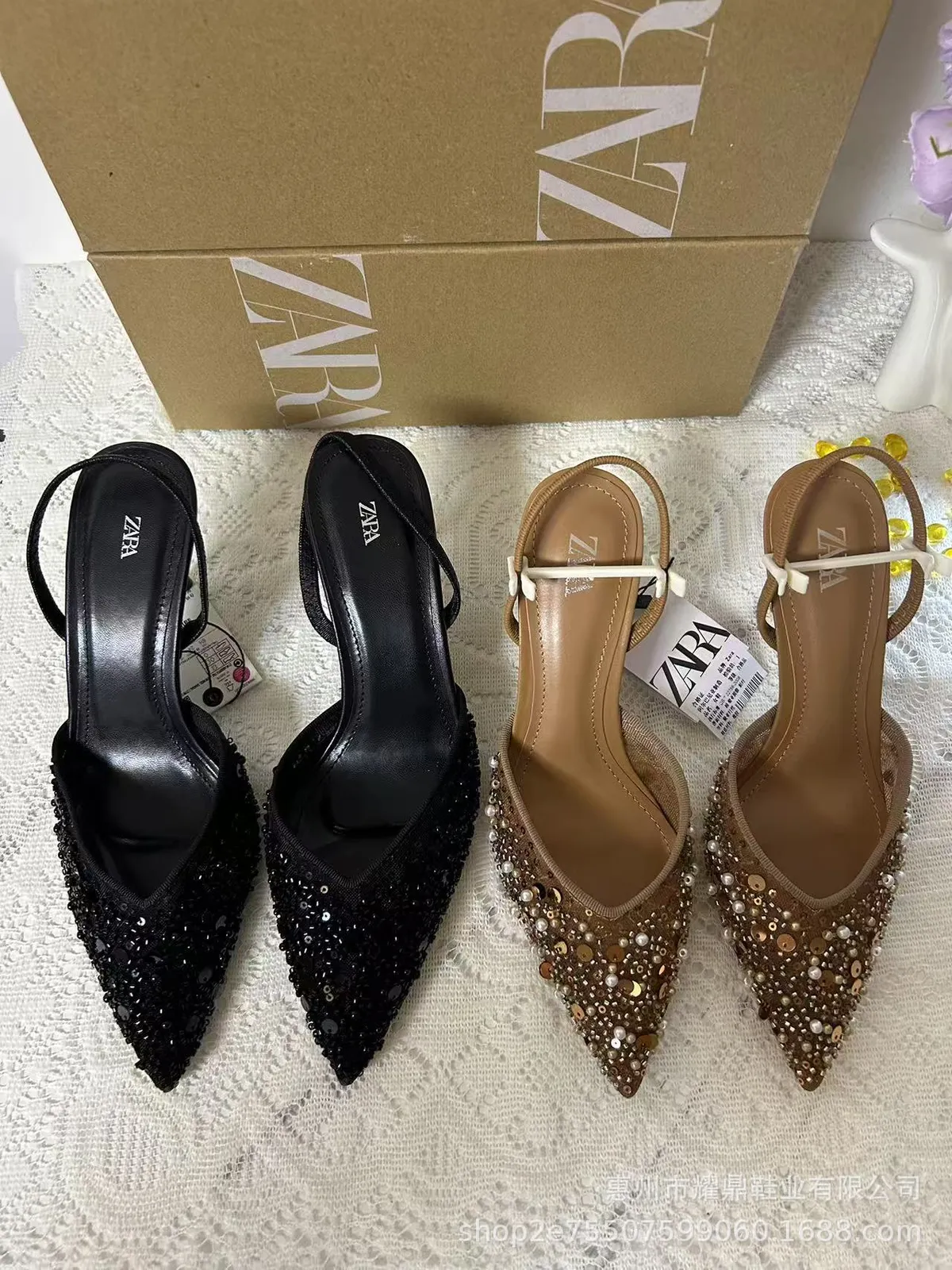 Women's Beaded High Heel Sandals - Spring Fashion Stiletto Mules with Pointed Toe and Mesh Open Heel - Elegant Apricot Color showcase 2