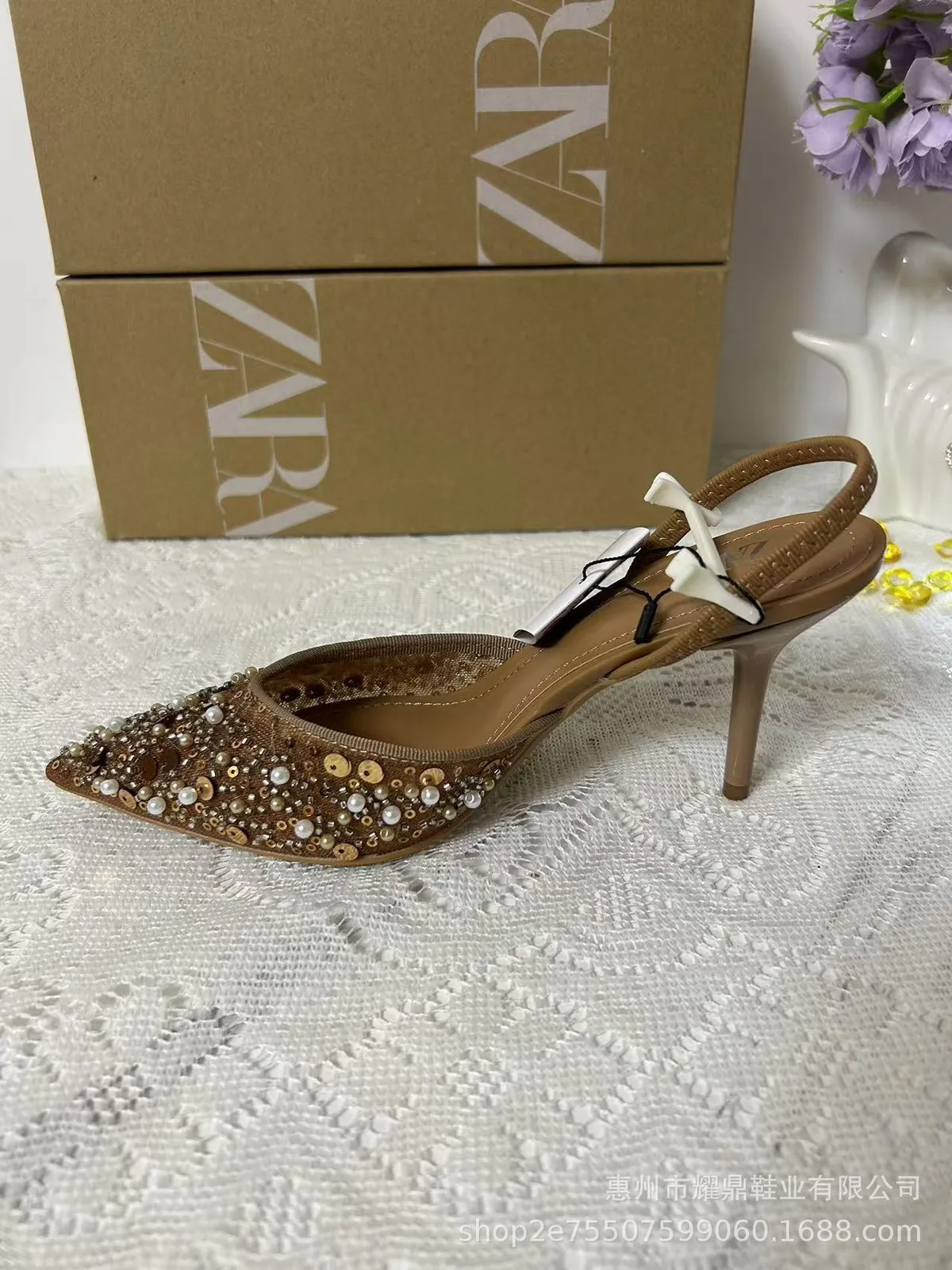 Women's Beaded High Heel Sandals - Spring Fashion Stiletto Mules with Pointed Toe and Mesh Open Heel - Elegant Apricot Color showcase 5