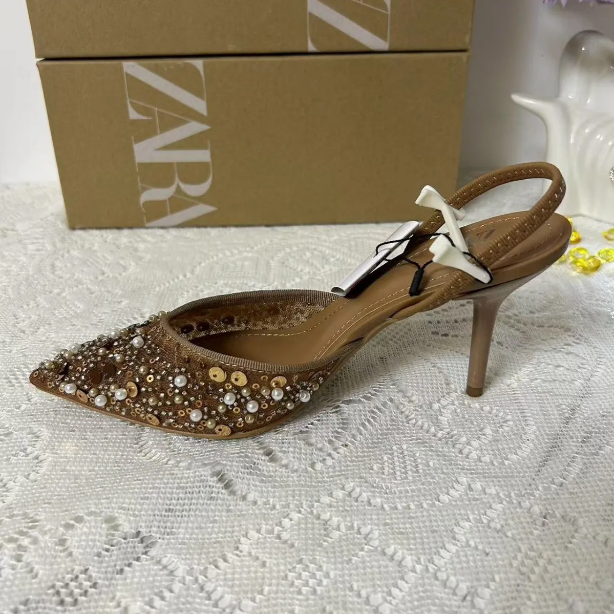 Women's Beaded High Heel Sandals - Spring Fashion Stiletto Mules with Pointed Toe and Mesh Open Heel - Elegant Apricot Color thumbnail 4