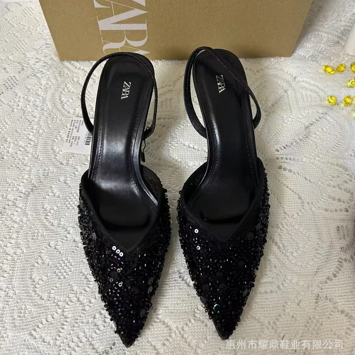 Women's Beaded High Heel Sandals - Spring Fashion Stiletto Mules with Pointed Toe and Mesh Open Heel - Elegant Apricot Color thumbnail 3