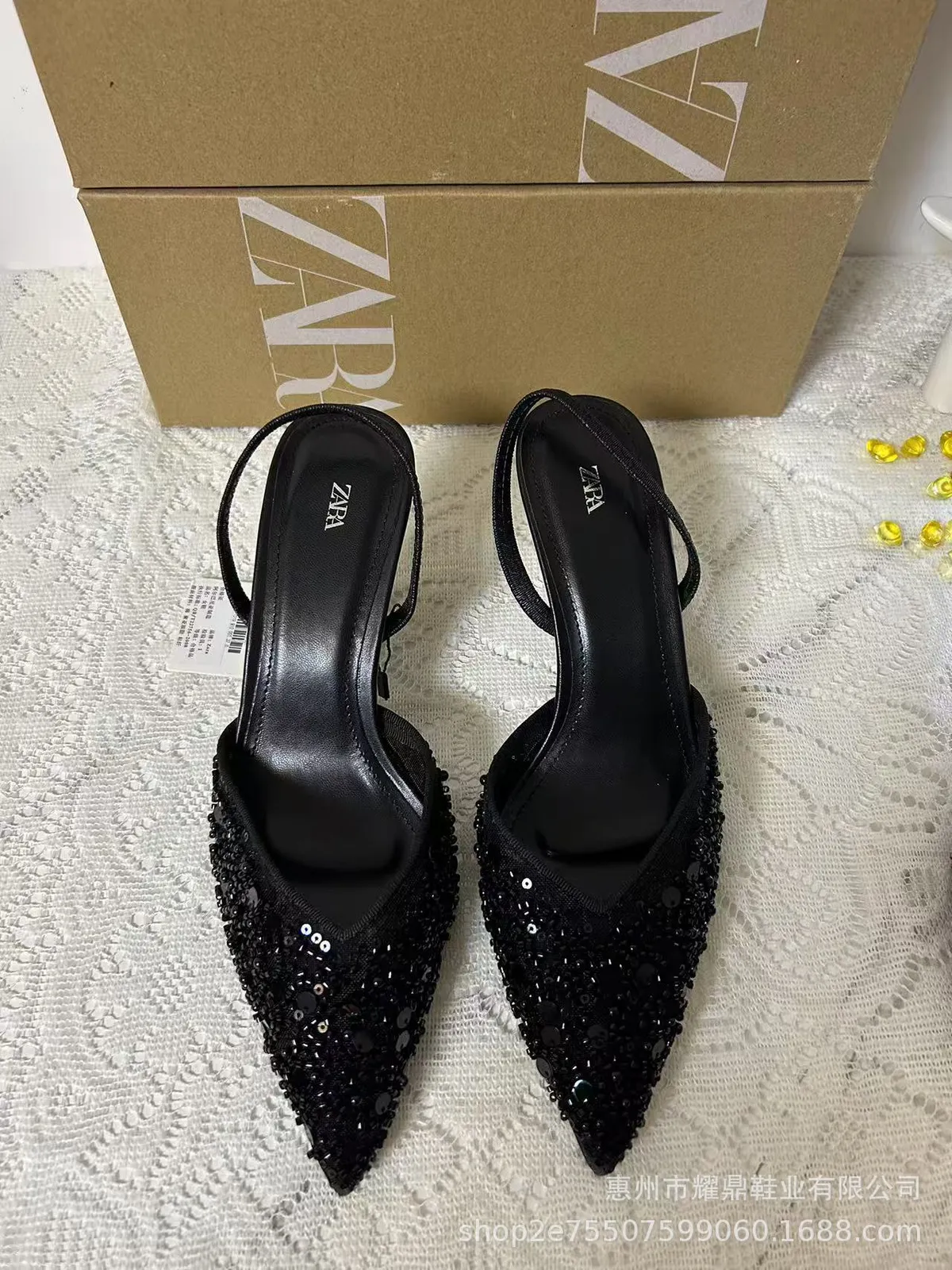 Women's Beaded High Heel Sandals - Spring Fashion Stiletto Mules with Pointed Toe and Mesh Open Heel - Elegant Apricot Color showcase 4