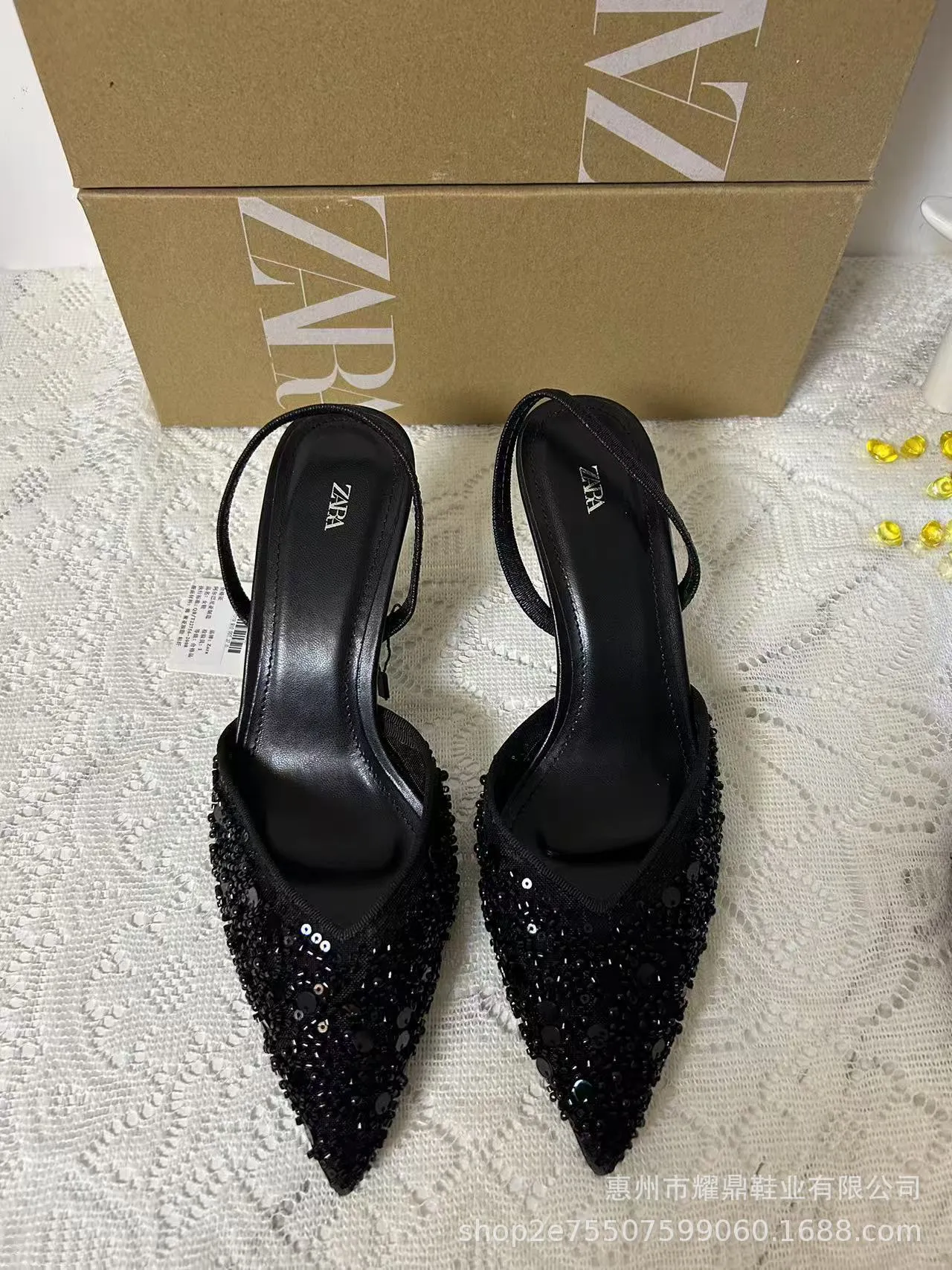 Women's Beaded High Heel Sandals - Spring Fashion Stiletto Mules with Pointed Toe and Mesh Open Heel - Elegant Apricot Color thumbnail 7