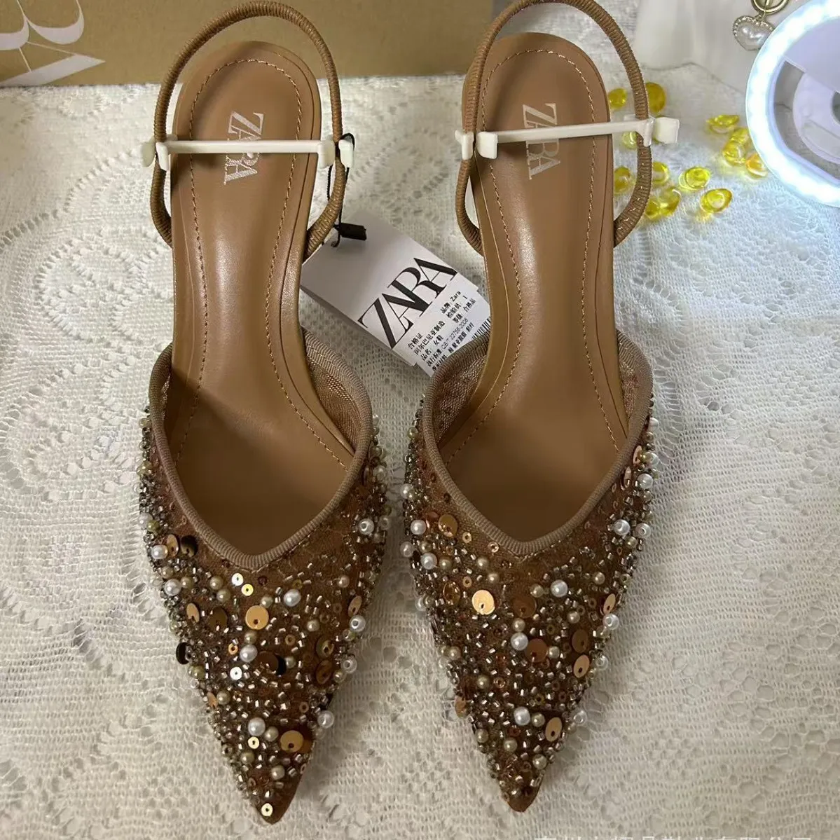 Women's Beaded High Heel Sandals - Spring Fashion Stiletto Mules with Pointed Toe and Mesh Open Heel - Elegant Apricot Color thumbnail 2