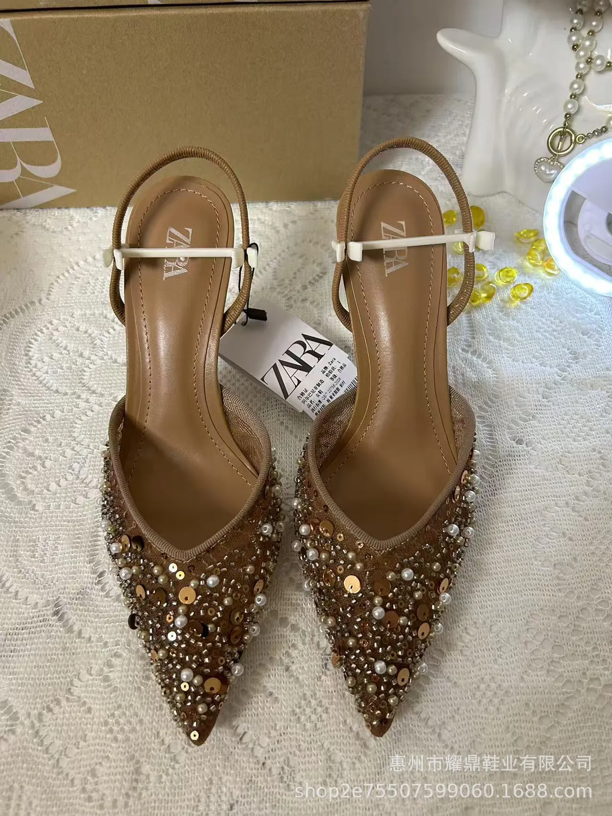 Women's Beaded High Heel Sandals - Spring Fashion Stiletto Mules with Pointed Toe and Mesh Open Heel - Elegant Apricot Color showcase 3