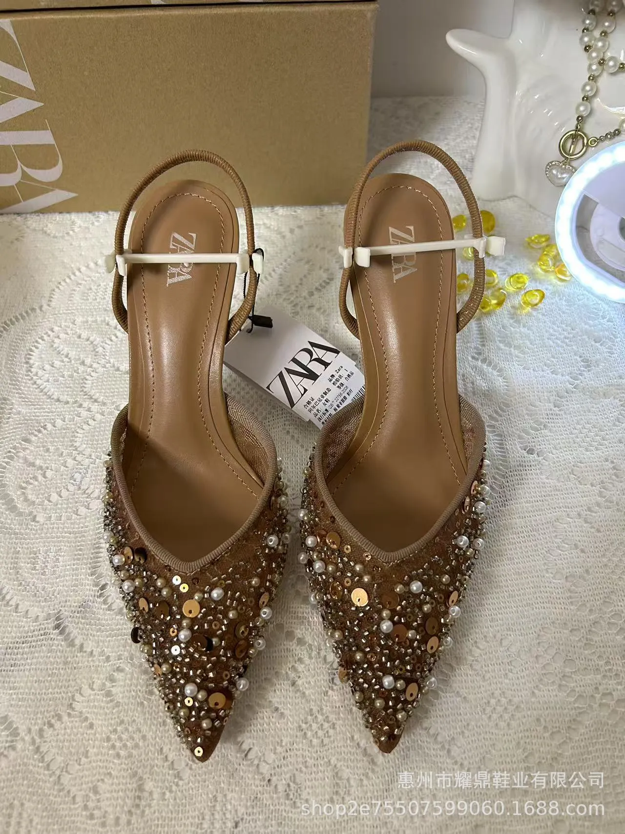 Women's Beaded High Heel Sandals - Spring Fashion Stiletto Mules with Pointed Toe and Mesh Open Heel - Elegant Apricot Color thumbnail 6