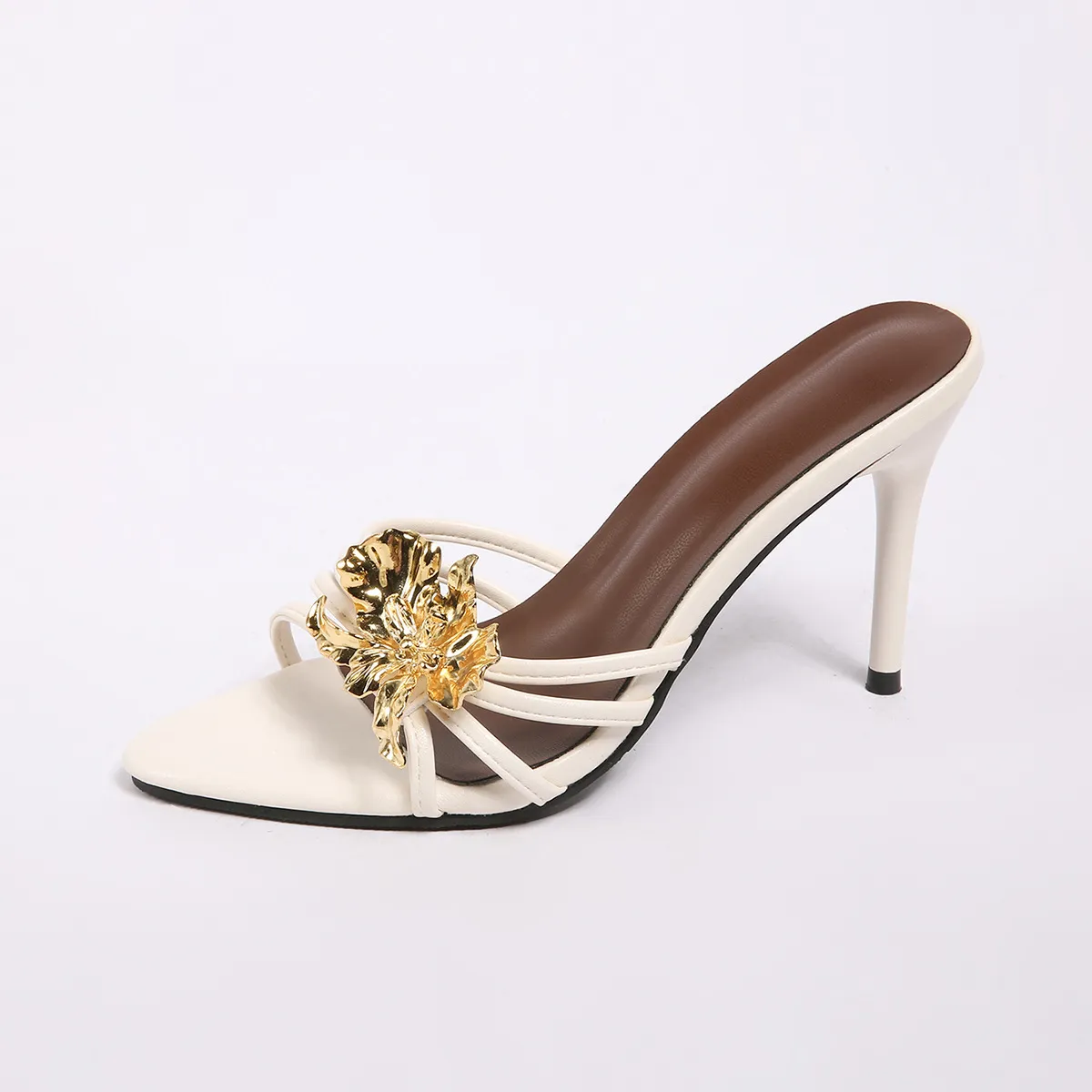 Women's Summer Heeled Sandals with Metal Flower Decoration, Pointed Toe Stiletto Heel Slippers, Plus Size Fashionable Party Shoes for Women thumbnail 6