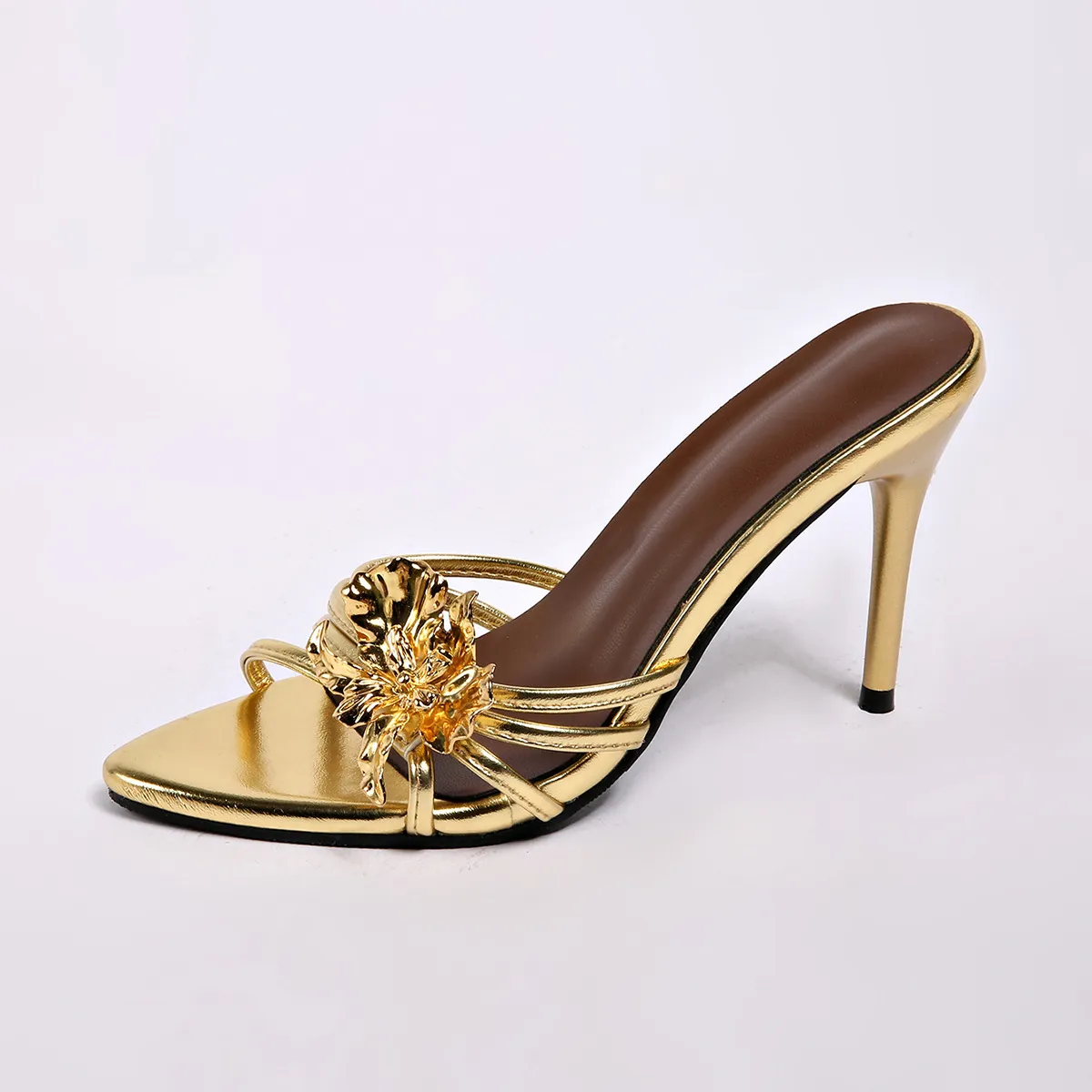 Women's Summer Heeled Sandals with Metal Flower Decoration, Pointed Toe Stiletto Heel Slippers, Plus Size Fashionable Party Shoes for Women thumbnail 7