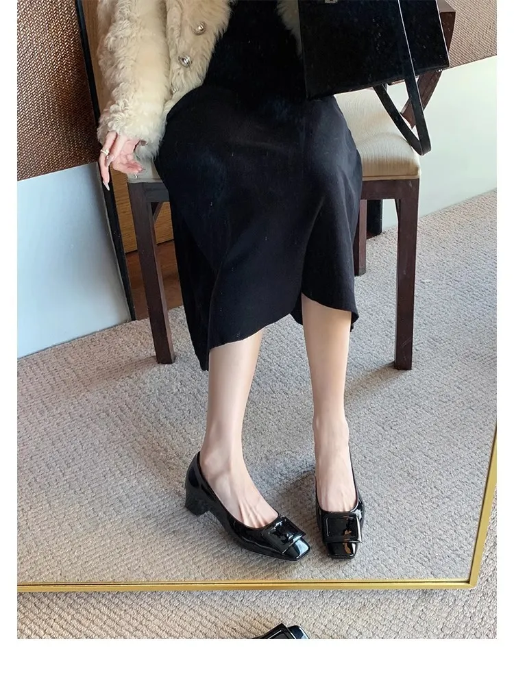 Women's Classic Square Buckle Work Heels - Thick Heel, Square Toe, Elegant Style High Heel Shoes for Spring - Studiolee Grape Mom thumbnail 10