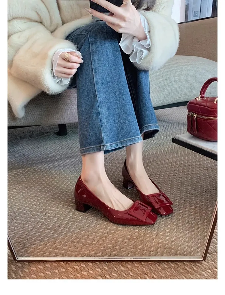 Women's Classic Square Buckle Work Heels - Thick Heel, Square Toe, Elegant Style High Heel Shoes for Spring - Studiolee Grape Mom thumbnail 8
