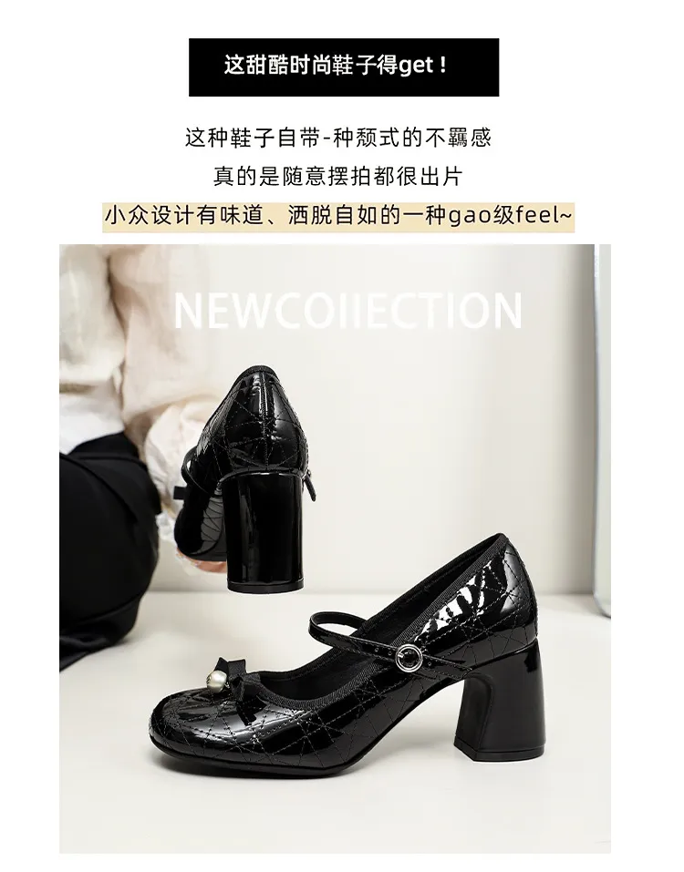 Women's High Heels Mary Jane Shoes 2025 New Design Diamond Bow Round Toe Thick Heel Evening Party Dress Shoes Elegant Comfortable showcase 2