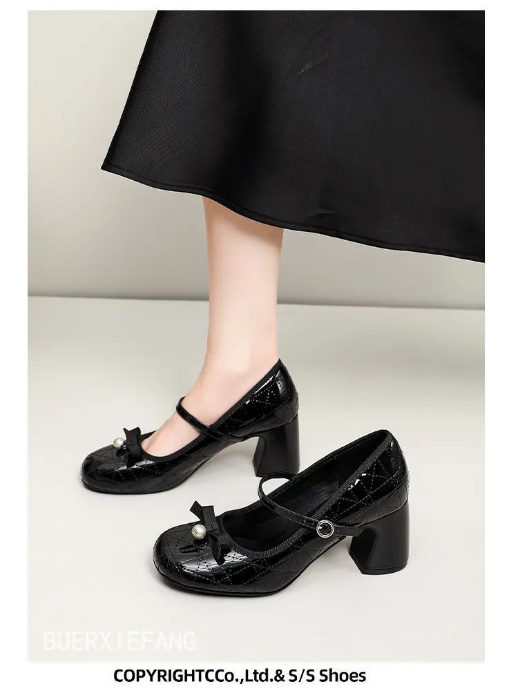 Women's High Heels Mary Jane Shoes 2025 New Design Diamond Bow Round Toe Thick Heel Evening Party Dress Shoes Elegant Comfortable showcase 15