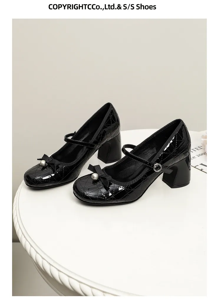Women's High Heels Mary Jane Shoes 2025 New Design Diamond Bow Round Toe Thick Heel Evening Party Dress Shoes Elegant Comfortable showcase 19