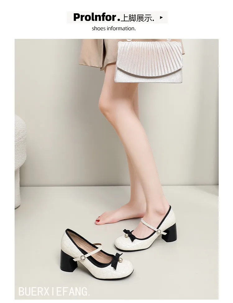 Women's High Heels Mary Jane Shoes 2025 New Design Diamond Bow Round Toe Thick Heel Evening Party Dress Shoes Elegant Comfortable showcase 12