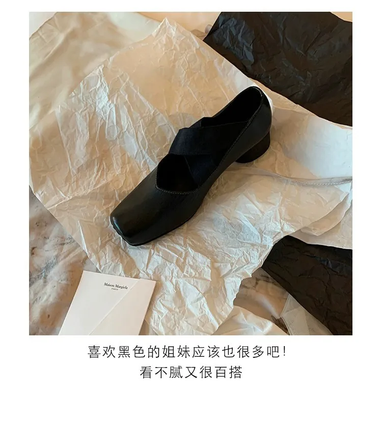 Women's Sheepskin Ballet Flats Square Toe Cross Strap Comfortable Retro Style Thick Sole Casual Walking Shoes showcase 14
