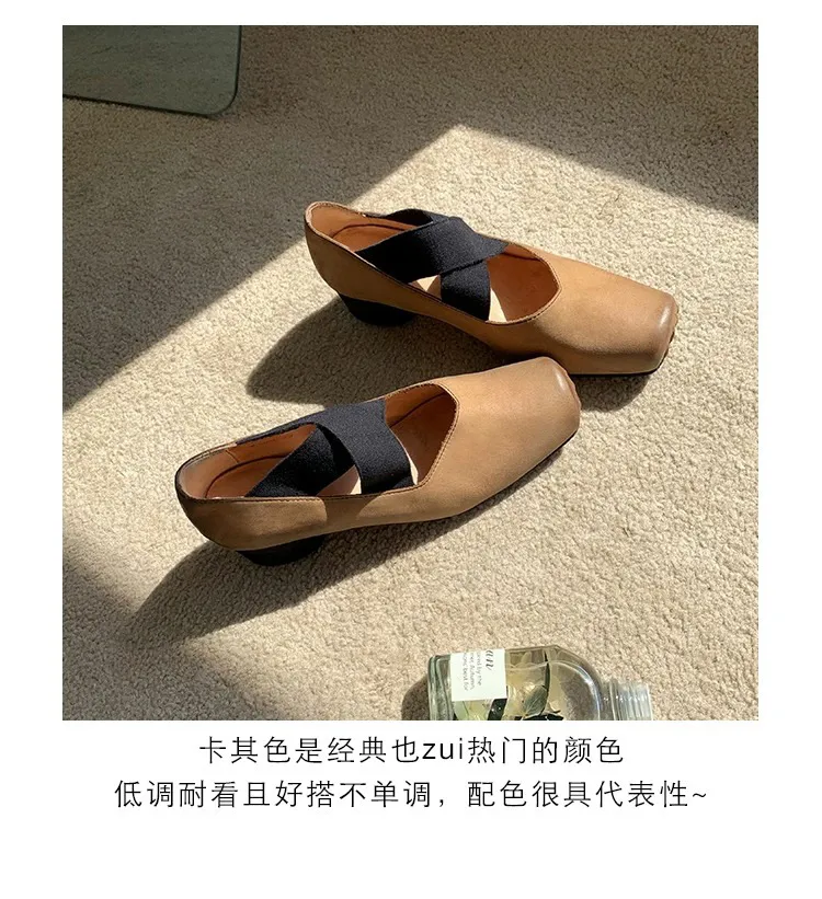 Women's Sheepskin Ballet Flats Square Toe Cross Strap Comfortable Retro Style Thick Sole Casual Walking Shoes showcase 15
