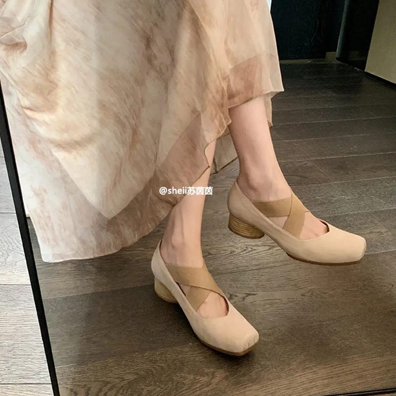 Women's Sheepskin Ballet Flats Square Toe Cross Strap Comfortable Retro Style Thick Sole Casual Walking Shoes thumbnail 5